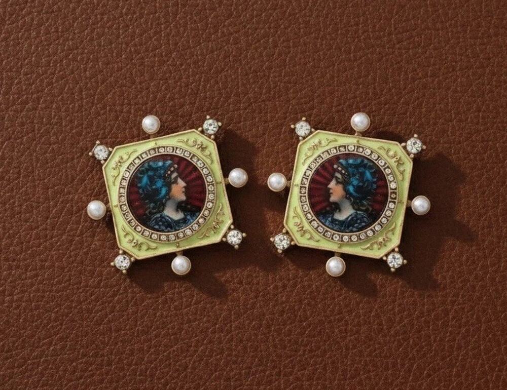 Museum Portrait Earrings Pearl Medieval Palace Gold VTG Antique CZ Art Nouveau